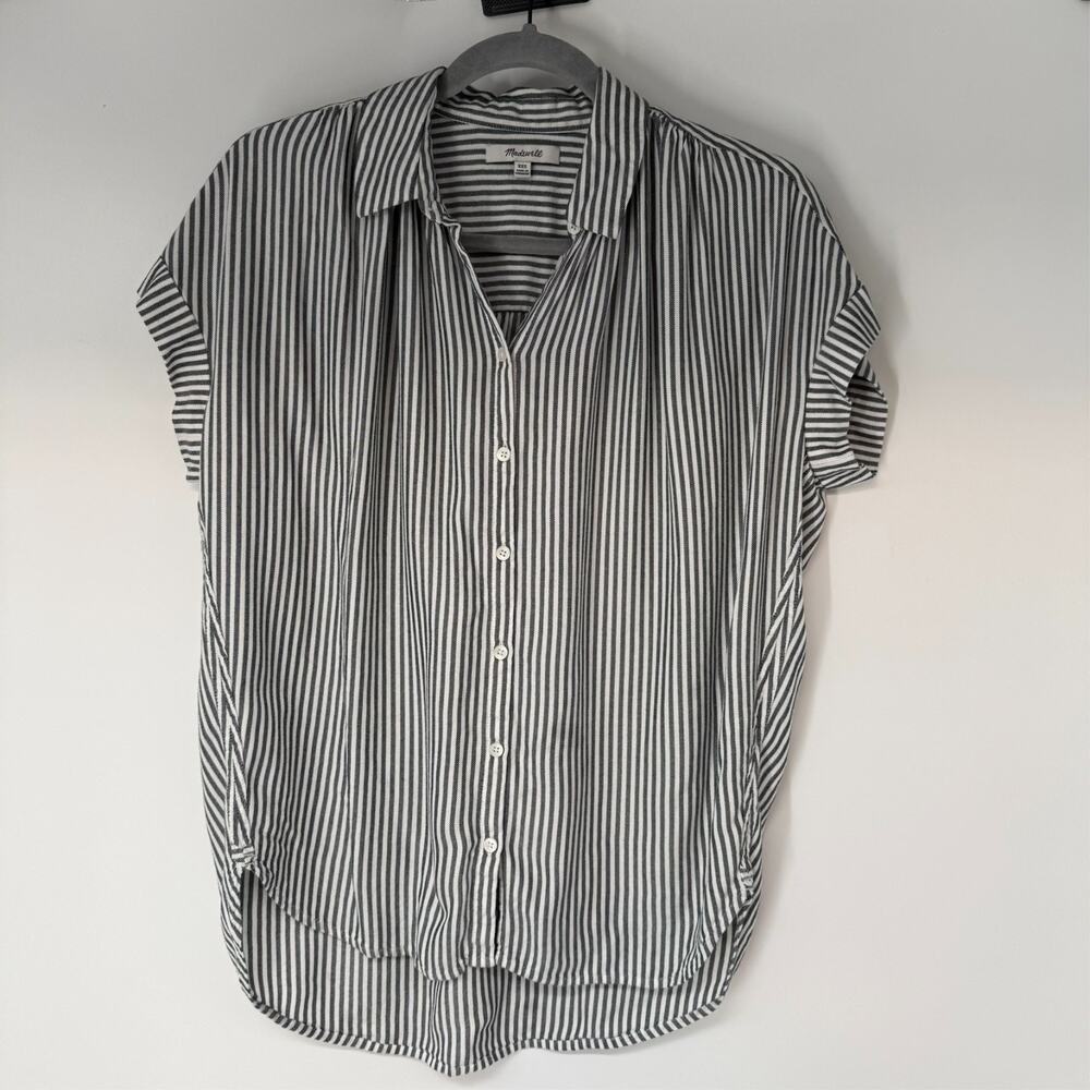 Madewell Central Shirt Tunic Womens 2XS Dark Gray White Stripe Short Sleeve